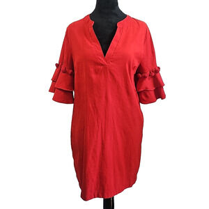 Jodifl Red Knee Length Dress Pom Poms on Tiered Sleeve Pockets Size S Valentines